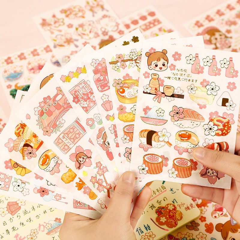 Set 04 tờ stickers ánh kim đáng yêu bé gái Nhật bản hoa sakura anh đào sẵn hàng siêu rẻ