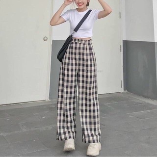 Quần Ống Rộng Cạp Cao Phối Caro - QD09