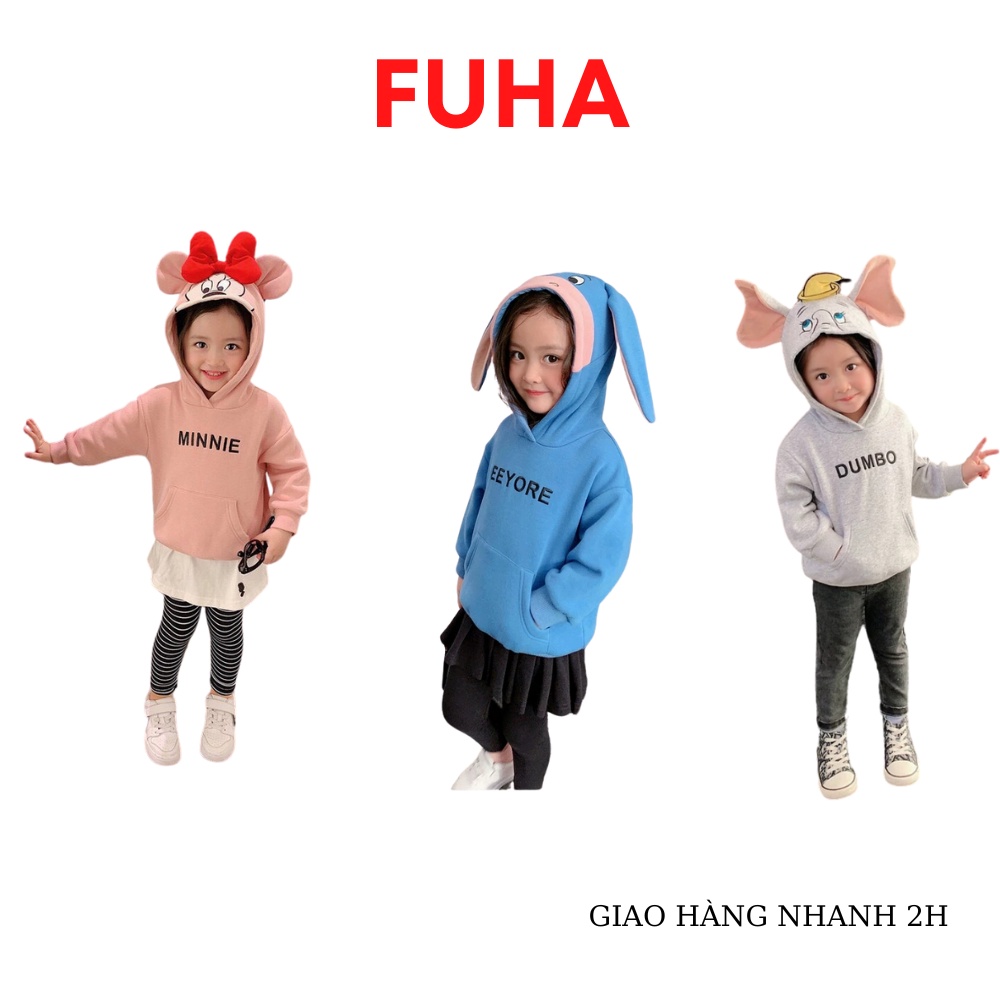 Áo nỉ mũ hoodie cho bé FUHA, áo khoác nỉ tai thú hình động vật cho bé gái từ 8kg đến 18kg