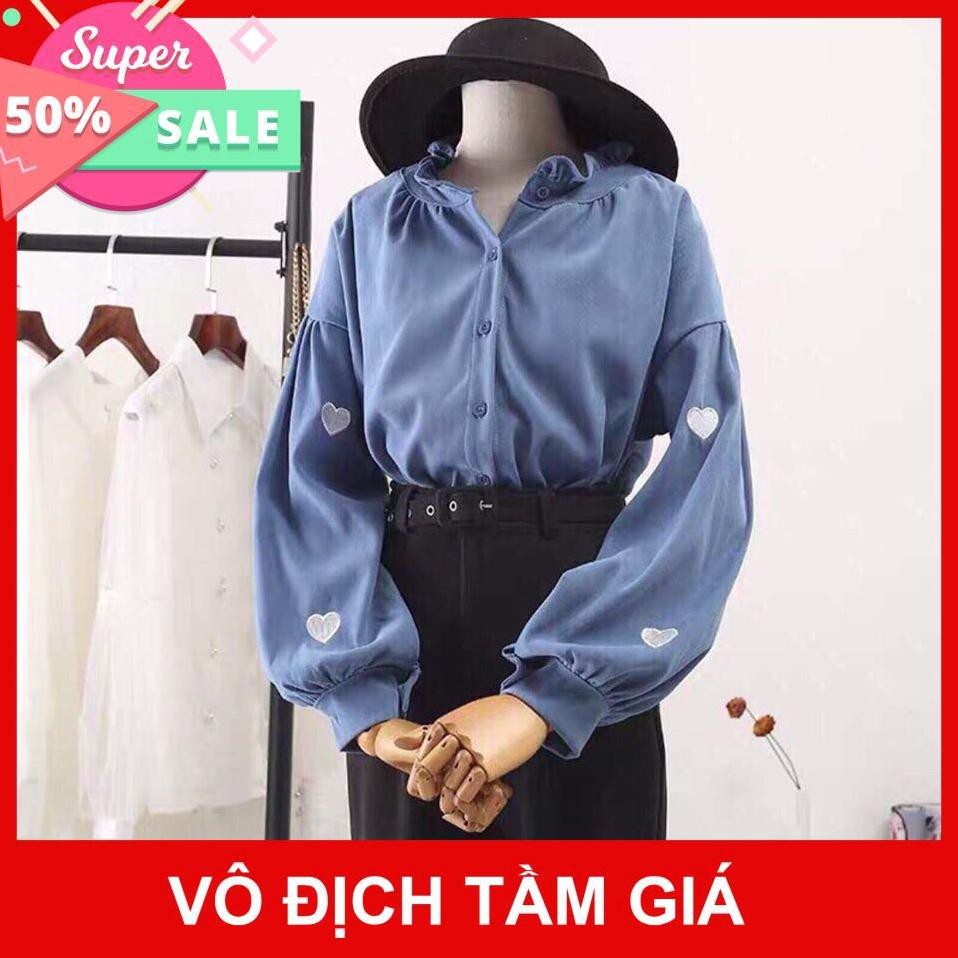 ⚡Flash Sale⚡ Áo Sơ Mi Nữ Tay Bồng Cổ Trụ Thêu Tim Tiểu Thư S385