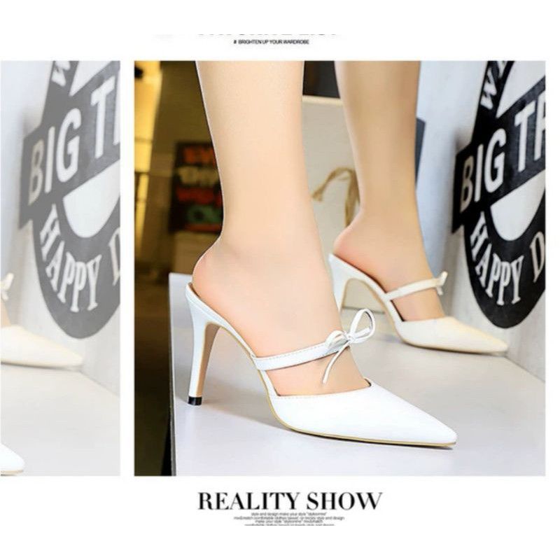 Giày sục cao gót chính hãng BIGTREE quai ngang cột nơ màu đỏ tươi 7cm size 37-38