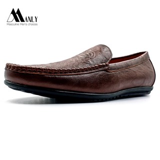 Giày lười nam dập vân sần cao cấp MANLY da bò thật nguyên tấm 100%, kiểu dáng thời trang, bảo hành 12 tháng, Nâu-ML045