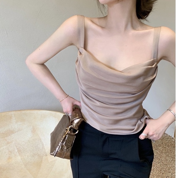 Áo hai dây bằng vải satin xếp ly thời trang cho nữ