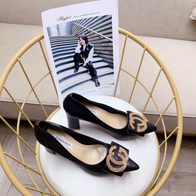 Giày cao gót da lì mũi nhọn gót vuông 7p tag CG đá vàng sang chảnh hàng VNXK cao cấp