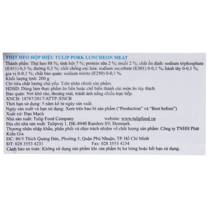 Thịt heo Pork Luncheon Meat Classic Tulip hộp