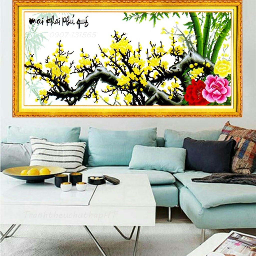 Tranh thêu chữ thập Mai khai phú quý 104x49cm LV3244