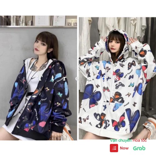 Áo Khoác Nỉ Bướm Sặc Sỡ Nhiều Màu Dáng Rộng Thu Đông Kéo Khoác Có Mũ