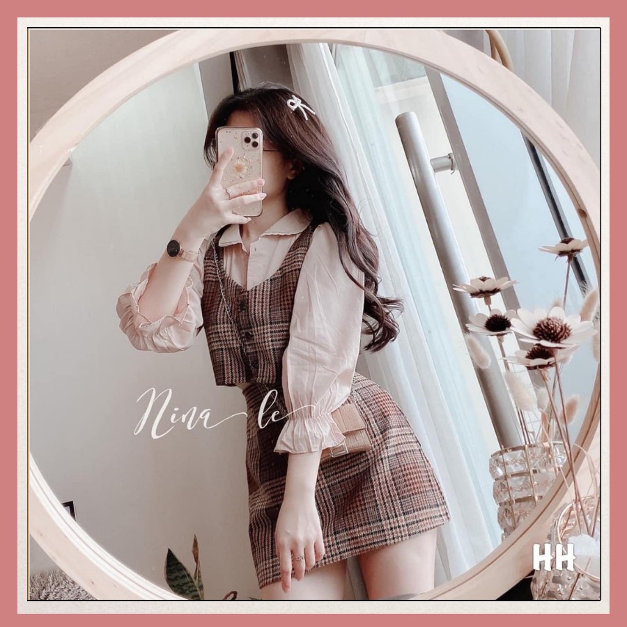 Set Đồ Nữ Áo Sơ Mi Kem Mix Set Váy Ghile Caro Thiết Kế Công Sở Đi Chơi Đi Học Kiểu Dáng Hàn Quốc 🔥FREESHIP+ GIÁ SỈ🔥