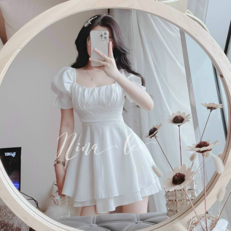 Đầm Trắng Xếp Ly Ngực Thắt Nơ Lưng Siêu Xinh