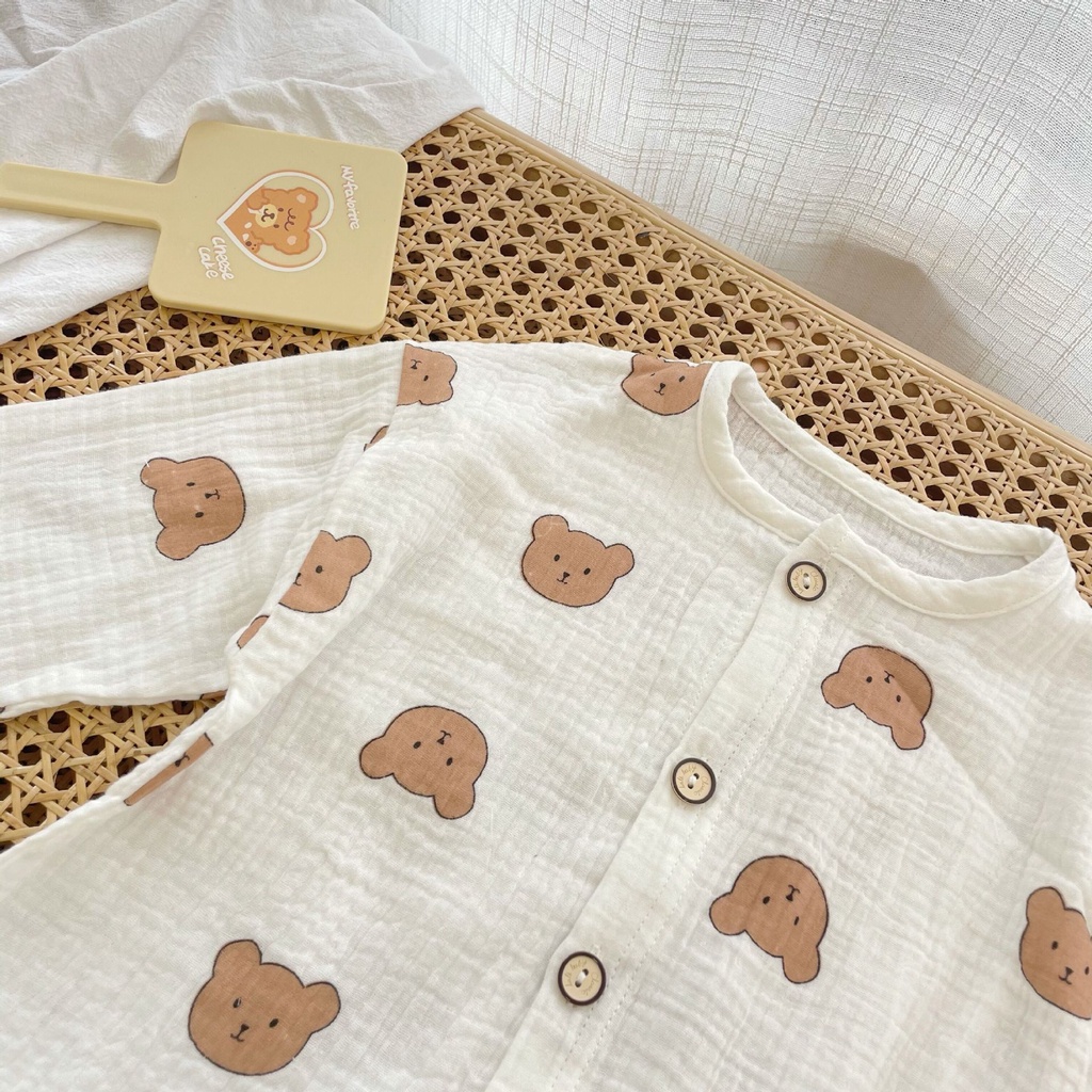 Đồ bộ bé trai bé gái hình mặt gấu năng động cá tính, Set quần áo sơ sinh vải xô Muslin tay lỡ Hàn Quốc