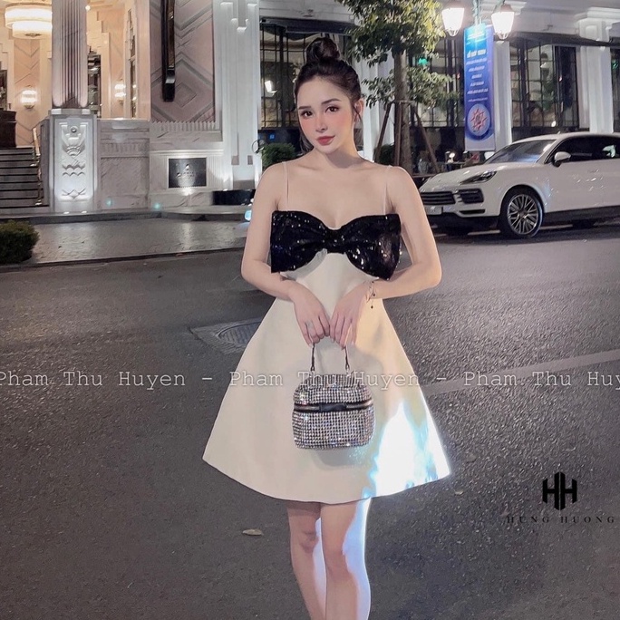 Đầm dự tiệc váy 2 dây nơ ngực lấp lánh dáng xòe sexy hẹn hò đi tiệc HATI