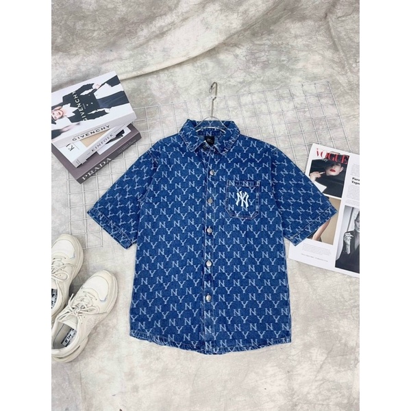 Áo Khoác Ngắn Tay Chất Jean Dệt Dày Dặn Nút Kim Loại Dáng Oversize