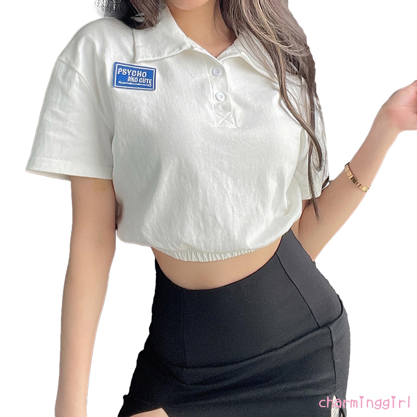 Áo Thun Lửng Ngắn Tay Thêu Chữ Thời Trang Cho Nữ