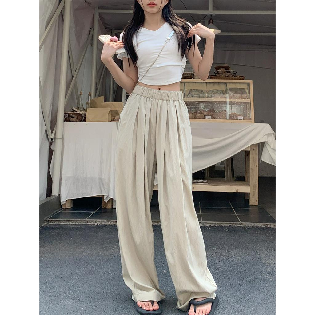 Quần Ống Rộng Lưng Cao Co Giãn Màu Trơn Phong Cách Thời Trang Mùa Hè Mới 63147