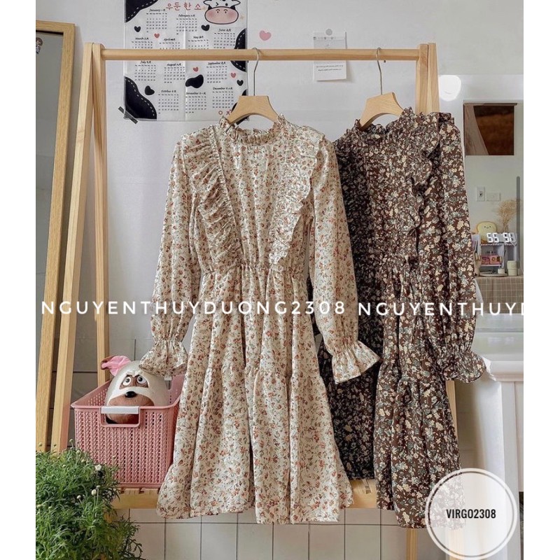 Váy hoa Loli nhún bèo Vintage/Đầm hoa Chiffon nhún bèo xinh xắn(Ker.) | BigBuy360 - bigbuy360.vn