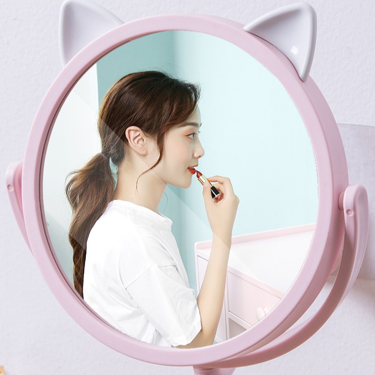 &lt;Tặng Sticker&gt; Gương Trang Điểm Gắn Tường Tiện Lợi Xoay 360 Độ Mẫu Tai Mèo Cute Treo Tường U140