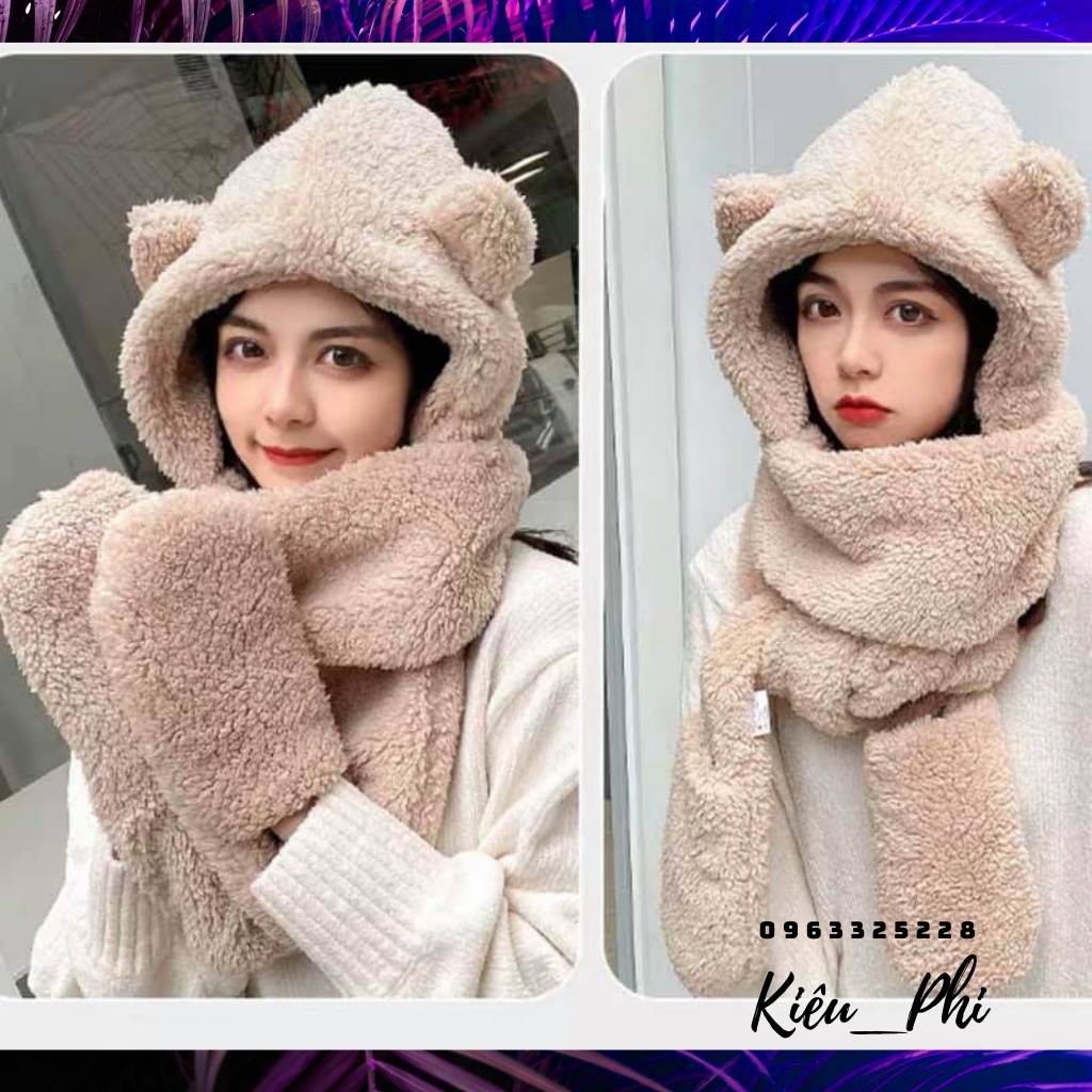 Mũ lông cừu tai gấu kèm khăn quàng cổ liền cổ và găng tay ấm áp ulzzang Hàn Quốc cho nữ mùa thu đông  - kho Kiều Phi