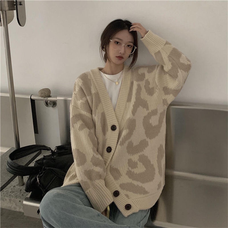 Áo Khoác Cardigan Dệt Kim Họa Tiết Da Báo Thiết Kế Mới Thời Trang Theo Phong Cách Hàn Quốc Cho Nữ
