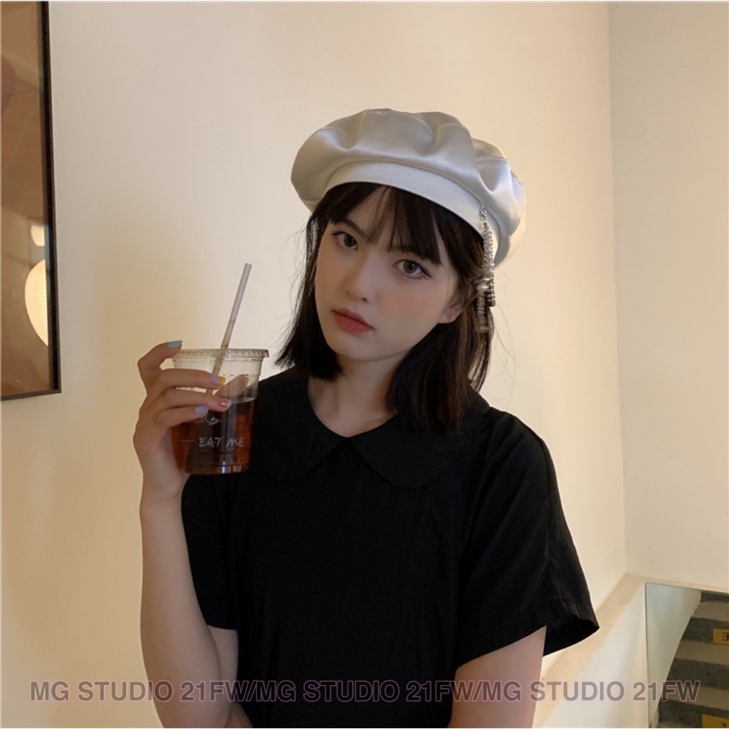 Mũ beret MG Studio đính chuỗi ngọc trai 3 màu tùy chọn
