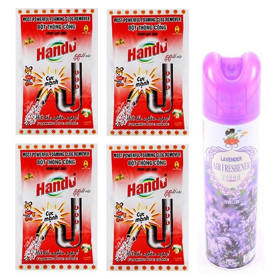 Combo 4 gói bột thông cống xuất khẩu HANDO + Xịt Thơm Phòng Sandokaebi Hàn Quốc 370ml