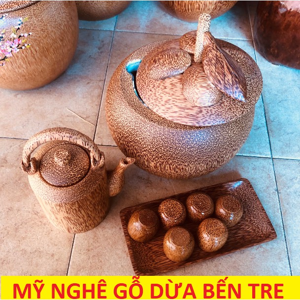 Bình giữ nhiệt | Bộ 3 món Giữ ấm trà bằng gỗ dừa cao cấp - hình Măng cụt - tặng ấm trà - mỹ nghệ dừa Bến Tre