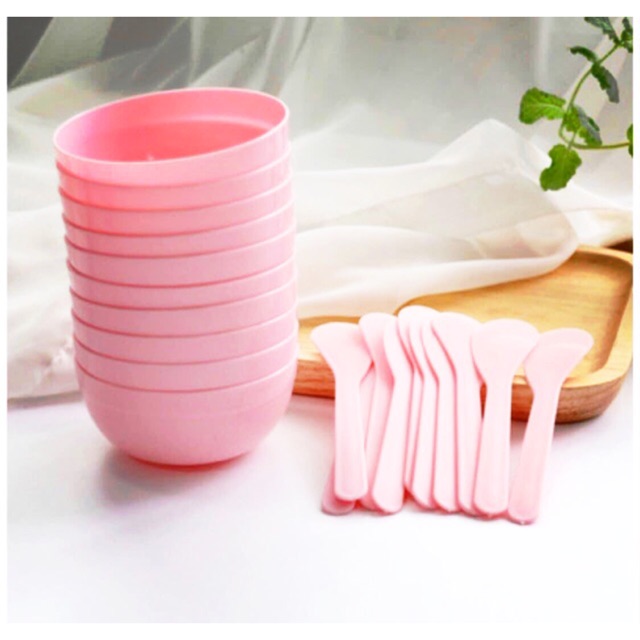 Combo bát+ thìa nhựa chuyên dùng pha đựng mặt nạ cho spa và tmv
