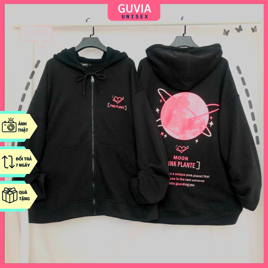 Áo khoác Hoodie nỉ FE PINK PLANTE MOON Dây Kéo form rộng ulzzang Unisex áo nỉ bông nữ AKN24 Guvia