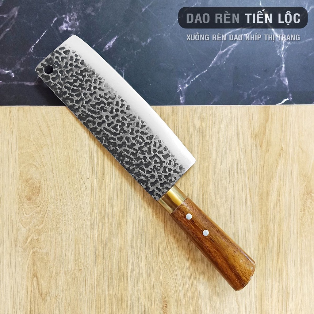 Dao Thái Thịt Thép Nhíp Ô Tô Dập Vân 2 Mặt Cao Cấp - Cán Gỗ Cẩm Khâu Đồng