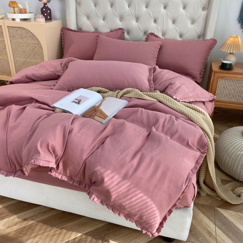 Bộ Chăn Ga Gối Cotton TICI LIDACO Bèo trơn - Hồng Phấn