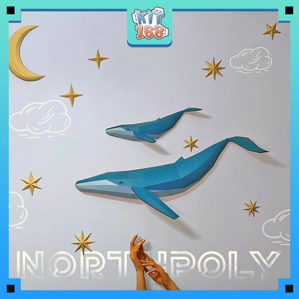 Mô hình giấy động vật Whales with Moon and Stars gắn tường