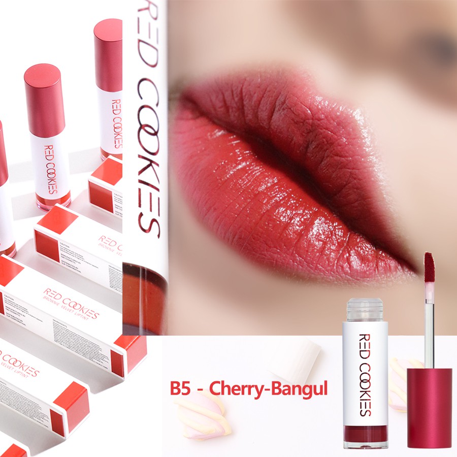 Son kem lì siêu mịn giữ màu đến 8h RED COOKIES Brownie Velvet Lip Tint Đỏ Cherry B5-Cherry Bangul dưỡng ẩm môi, sắc nét
