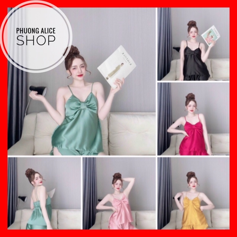 Đồ Ngủ Sexy Nữ, Bộ Ngủ Satin, Đồ Ngủ Hai Dây Nơ Satin Loại 1 Mềm Mịn Mát