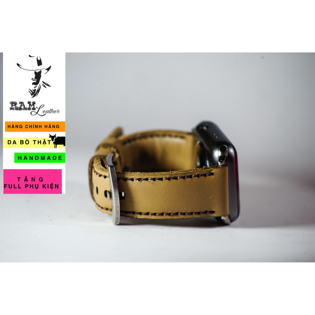 Dây đồng hồ Apple Watch , Iwatch , Iphone Watch Da Bò Màu Trà Sữa RAM Leather Bền Đẹp