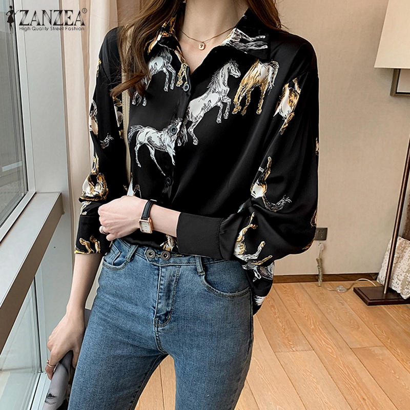 Áo sơ mi nữ ZANZEA tay dài cổ trễ in họa tiết độc đác phong cách Hàn Quốc