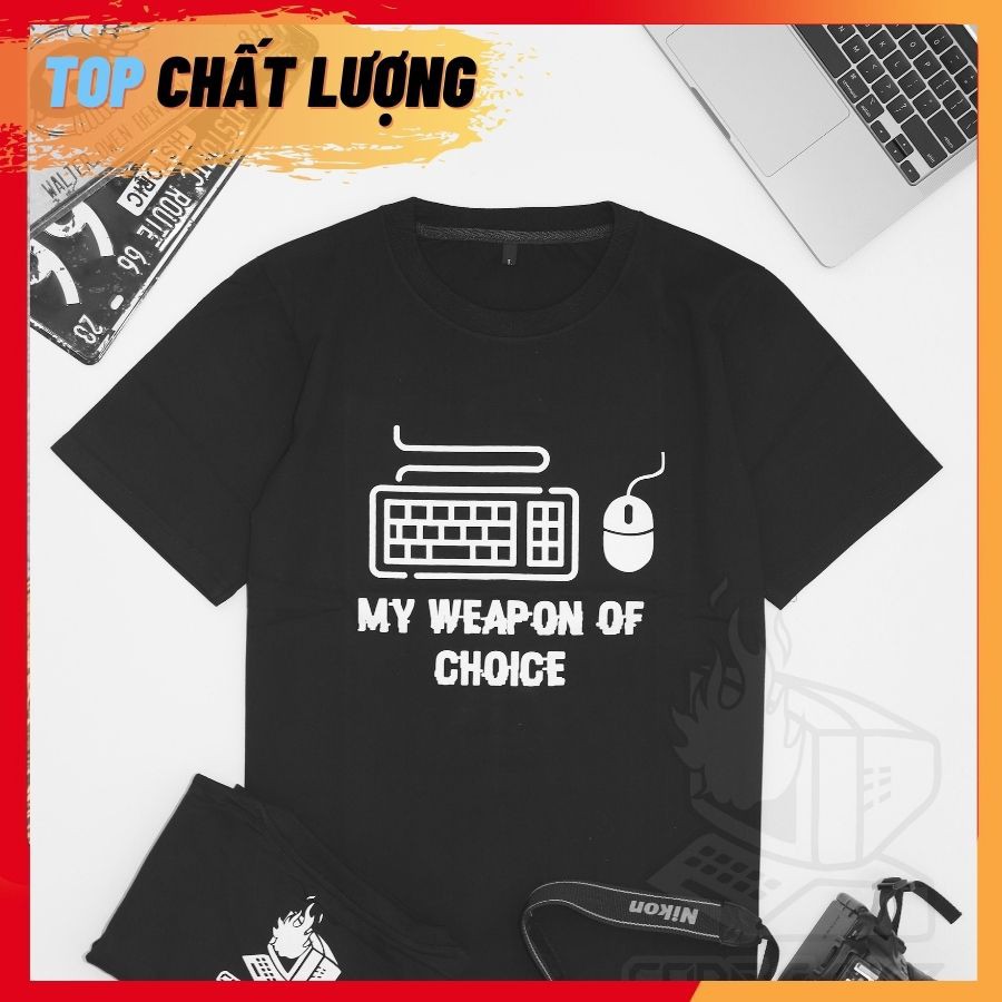 Áo thun đen cho dev vải cotton 100% premium MY WEAPON OF CHOICE chuột và bàn phím trắng