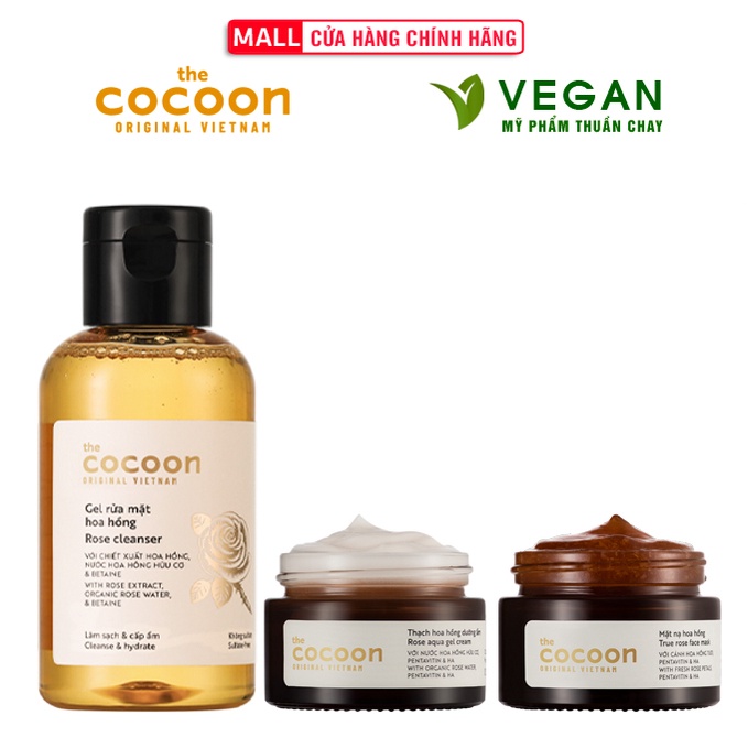 Combo Gel rửa mặt hoa hồng cocoon 140ml + Mặt nạ hoa hồng cocoon 30ml + Thạch hoa hồng cocoon 30ml