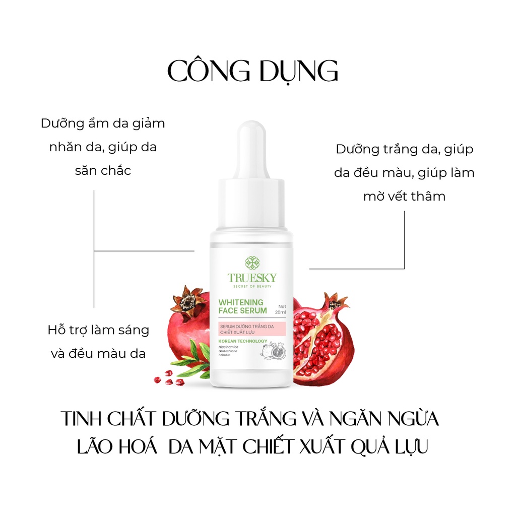 Bộ sản phẩm làm trắng và ngăn ngừa lão hoá da mặt Truesky gồm 1 serum dưỡng trắng 20ml + 1 sữa rửa mặt sữa dê 50g