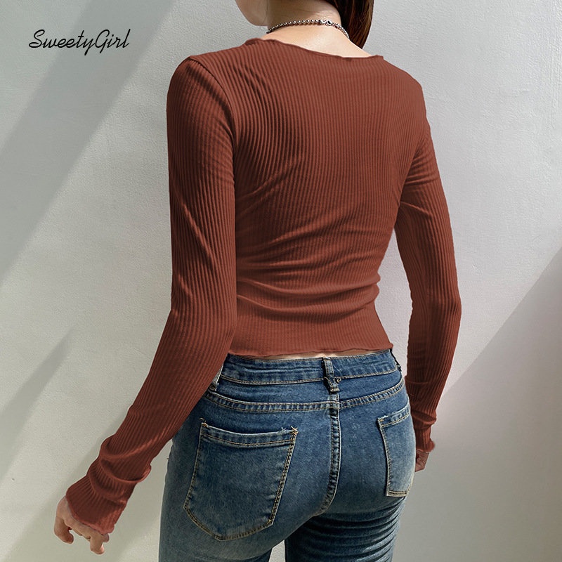 Áo Thun Tay Dài Cổ Chữ V Phối Ren Nơ Màu Trắng Hồng Thời Trang 2022