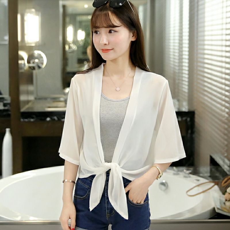 (Sẵn đen) Áo cardigan voan mỏng thắt nơ tay lỡ