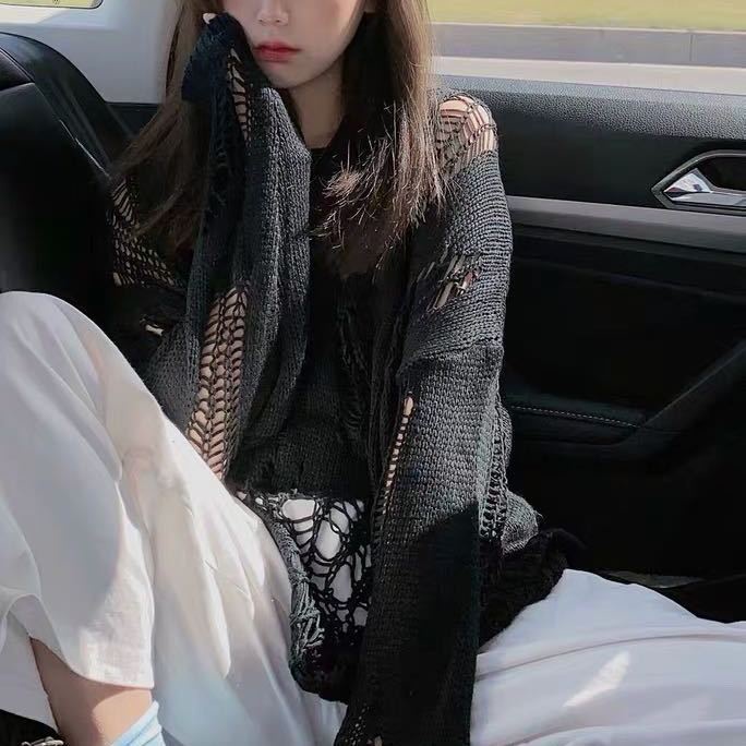 Jiashucheng Áo Sweater Dệt Kim Mỏng Tay Dài Dáng Rộng Rách Lỗ Phong Cách Mới Cho Nữ