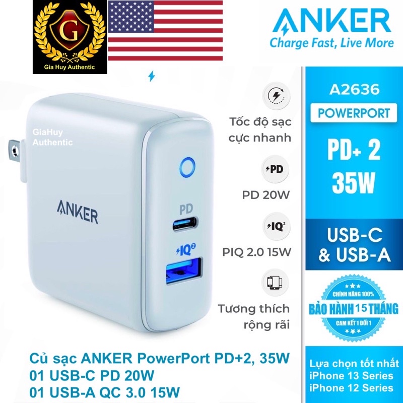 Củ Sạc iPhone 12, iPad Pro ANKER PowerPort PD+2, A2636 35W - 2 Cổng (1 cổng USB-C PD 20W & 1 cổng Power IQ 2.0 15W)