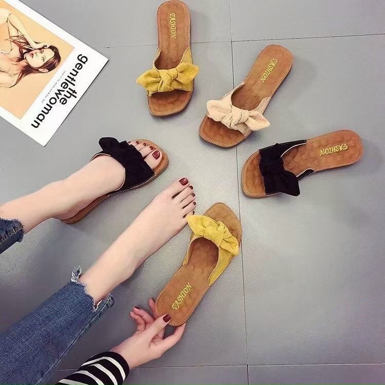 Dép Nữ quai mềm có nơ 3 màu Vàng Hồng Nhạt Đen cực đẹp hàng trung