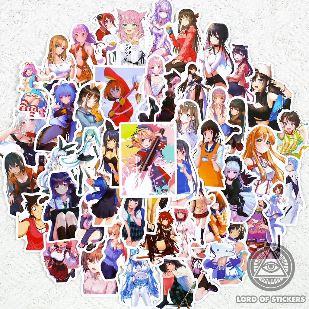 Set 50 Nhãn Dán Cute Anime Girl Waifu Sticker Manga Hình Cô Gái Dễ Thương Trang Trí Mũ Nón, Sổ, Điện Thoại, Laptop, Vali