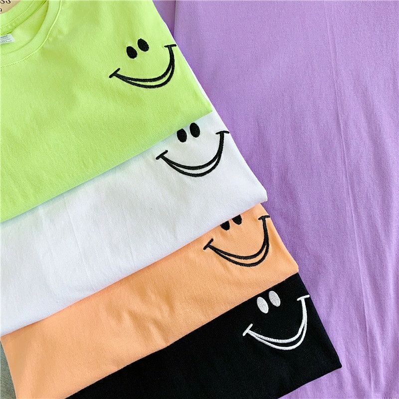 ÁO THUN UNISEX - THÊU HÌNH MẶT CƯỜI - HÀN QUỐC FORM RỘNG - HÀNG NHẬP QC