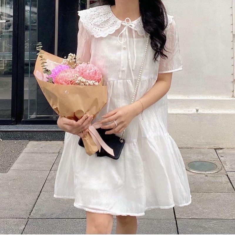 Váy babydoll cổ thêu 2 lớp tiểu thư, Váy trắng công chúa dáng xòe đi tiệc đi chơi đẹp  (TTA116)