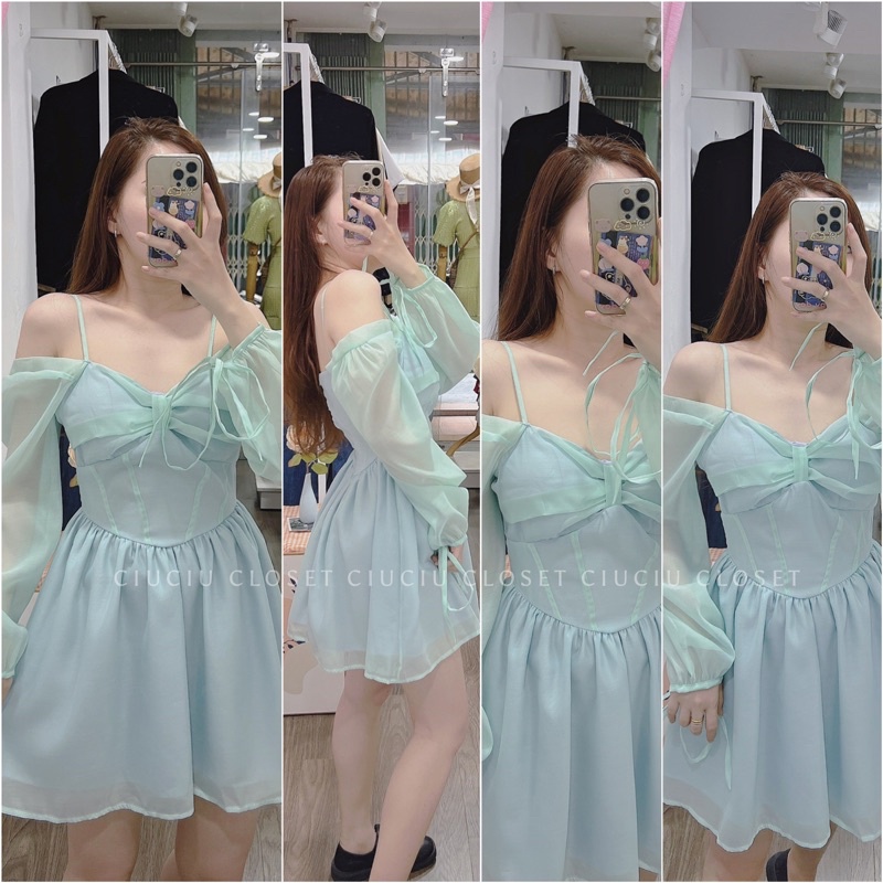 Đầm Xanh 2Dây Trễ Vai Nơ Ngực Xanh Mint/Trắng Vải Đẹp 2 Lớp