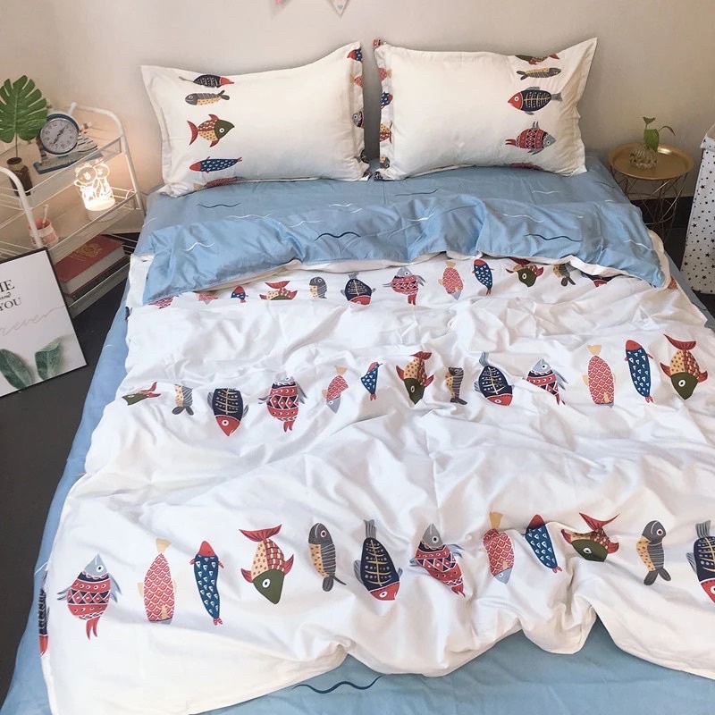 Bộ chăn ga gối Cotton Poly hoạ tiết Cá sắc màu MÂY BEDDING đủ kích thước nệm