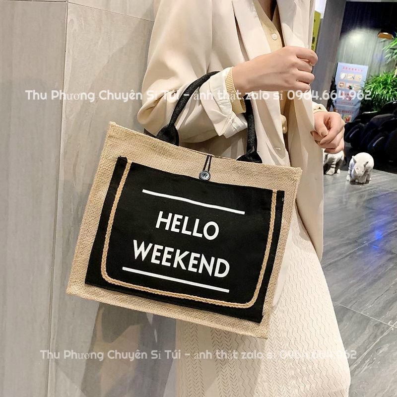 Túi cói đi du lịch, đi biển HELLO WEEKEND hàng loại 1, from cứng cap đựng được nhiều đồ