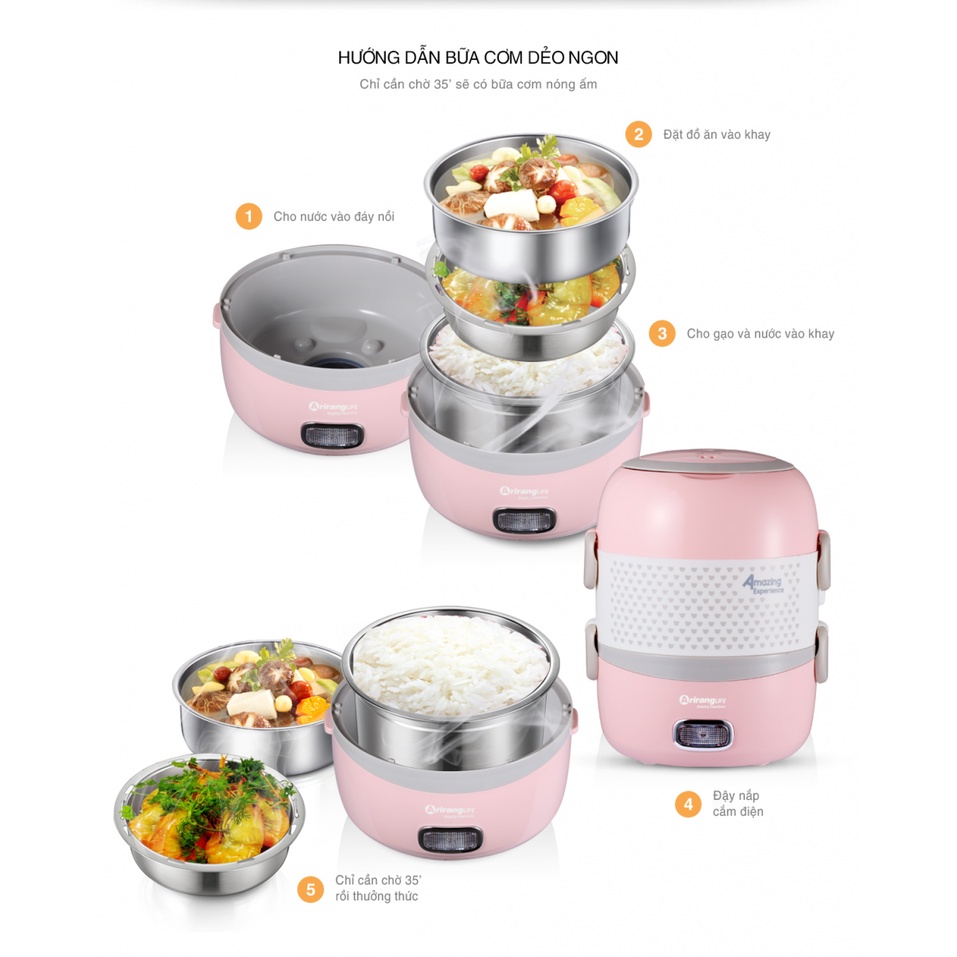 Hộp cơm cắm điện - Hộp hâm nóng cơm  2 tầng ArirangLife EL-ALS263, nấu chín và hâm nóng đồ ắn,bảo hành chính hãng 1 năm
