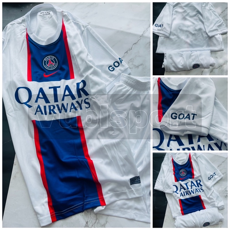 Set bộ quần áo thể thao bóng đá nam nữ vải gai mịn clb psg paris saint germain sân khách áo trắng quần trắng 2022 2023